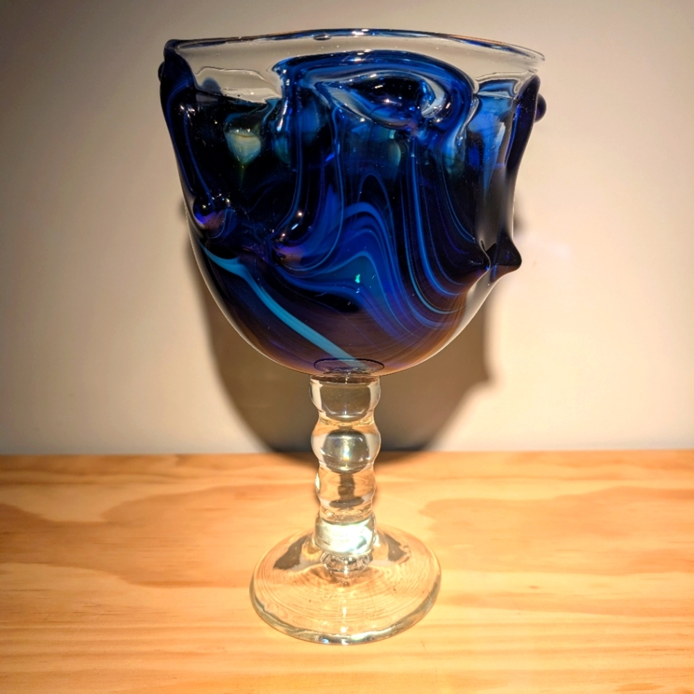 Vintage Peter Bramhall Glass Goblet Chalice Blue Swirl Large Hand Blown Signed